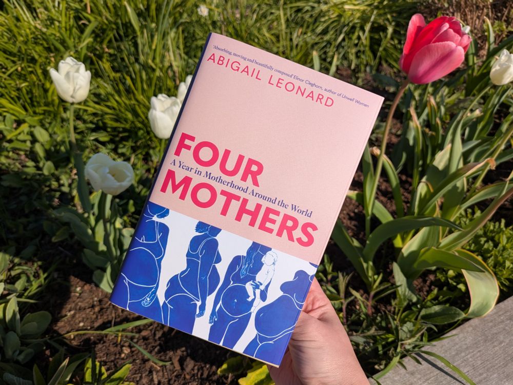 Four Mothers: A Year in Motherhood Around the World, by Abigail Leonard. A hardback book held in front of spring flowers.

"Absorbing, moving and beautifully composed" Elinor Cleghorn
