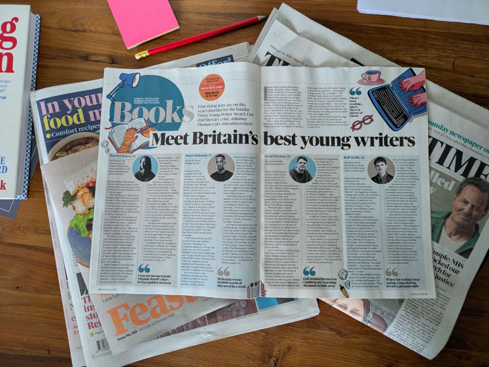 "Meet Britain's best young writers": Sunday Times Culture magazine spread ft the shortlist for the ST Young Writer Award – Harriet Baker, Moses McKenzie, Scott Preston and Ralf Webb