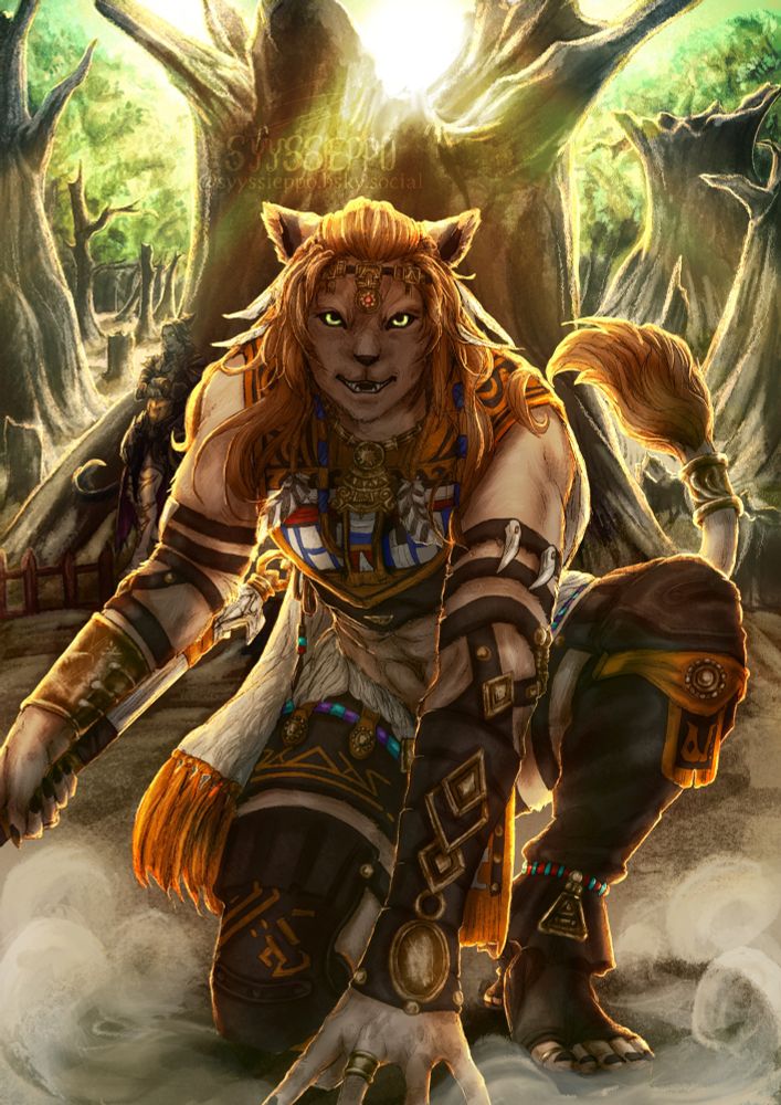 Wuk Lamat is facing forward, kneeling on sand with one of her hands reaching to the ground and her other hand tightly grapping her axe. She seems to have just been pushed back by her opponent. Behind her is a sandy field of dead trees, and further back verdant trees of a jungle. Leaning on the big tree behind Wuk Lamat is Mihli'a, my warrior of light, who's watching this battle take place with a relaxed expression. The sun is shining from behind the big tree, casting its light on Wuk Lamat's back.