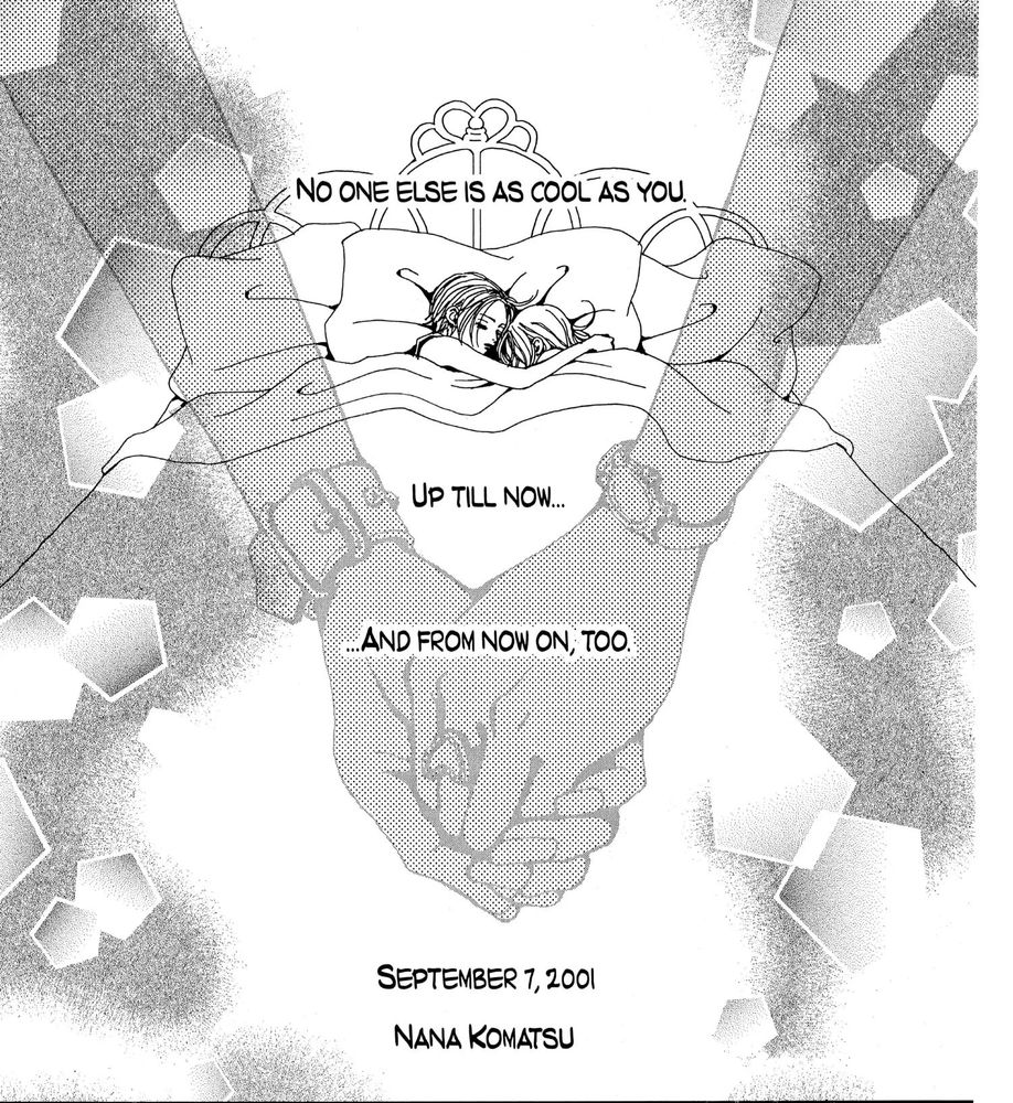 Two women, Nana and Hachi - from the Manga NANA by Ai Yazawa, lying together in bed, surrounded by soft lines and abstract shapes. Above them is text that reads, "No one else is as cool as you. Up till now... and from now on, too. September 7, 2001 Nana Komatsu