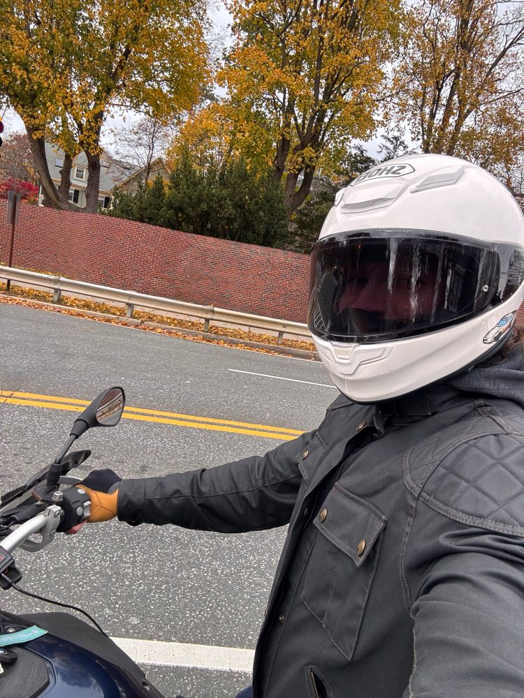 Selfie bundled up on my motorcycle in 35°F weather