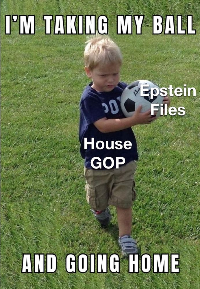Photo of a small boy carrying a soccer ball with the caption I’m taking my ball and going home. The boy has the label House GOP on him and the ball is labeled Epstein Files
