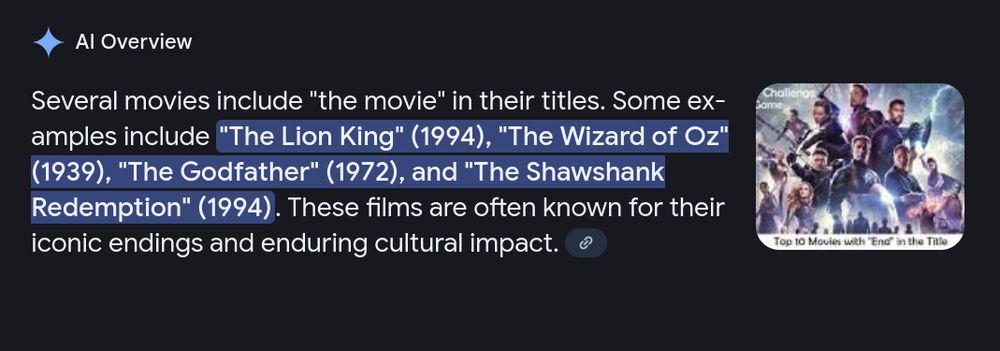 AI Overview

Several movies include "the movie" in their titles. Some examples include "The Lion King" (1994), "The Wizard of Oz" (1939), "The Godfather" (1972), and "The Shawshank Redemption" (1994). These films are often known for their iconic endings and enduring cultural impact.