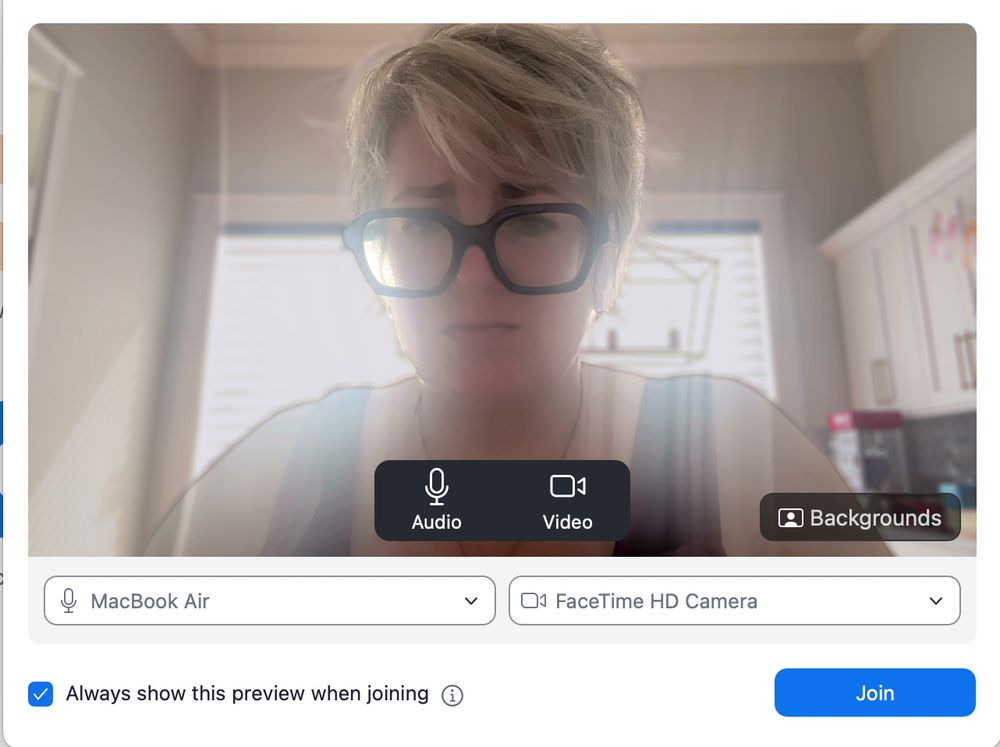 Zoom "joining meeting room" dialog menu. The lighting is such that I look like a ghost
