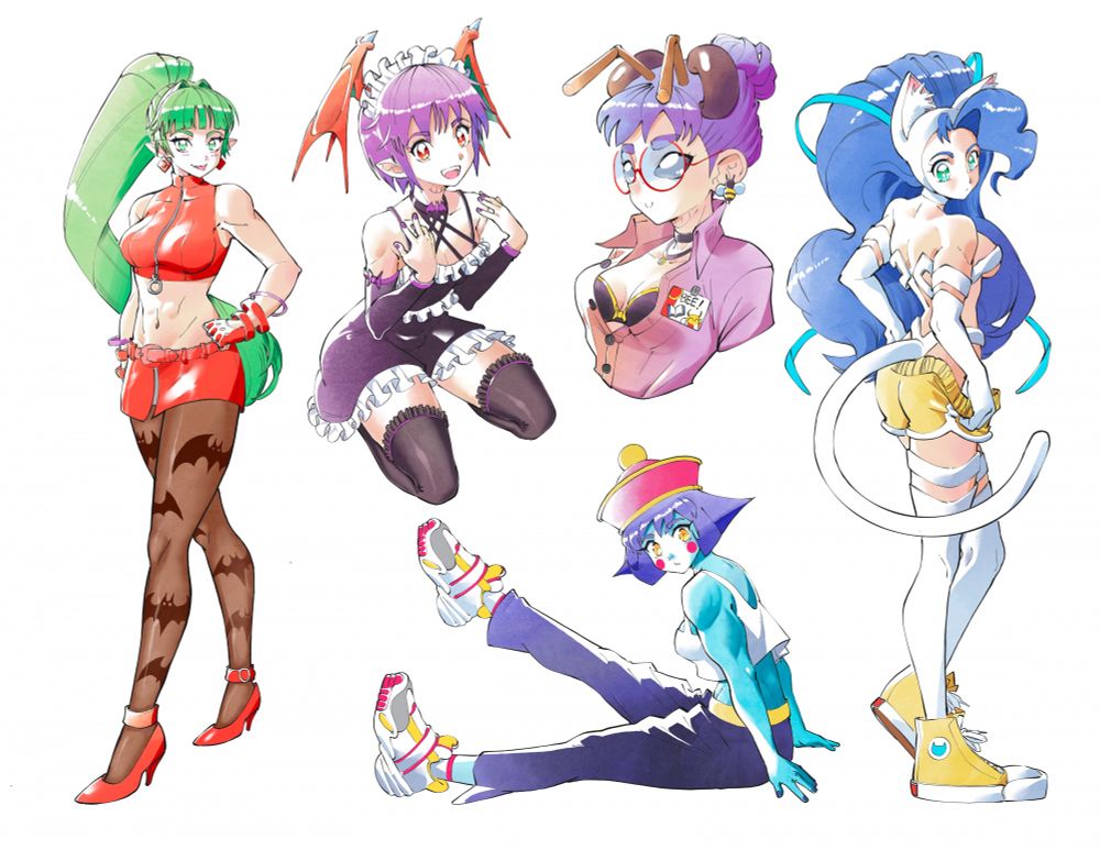 Morrigan, Lilith, Q-Bee, Hsien Ko, and Felicia wearing various outfits. 
