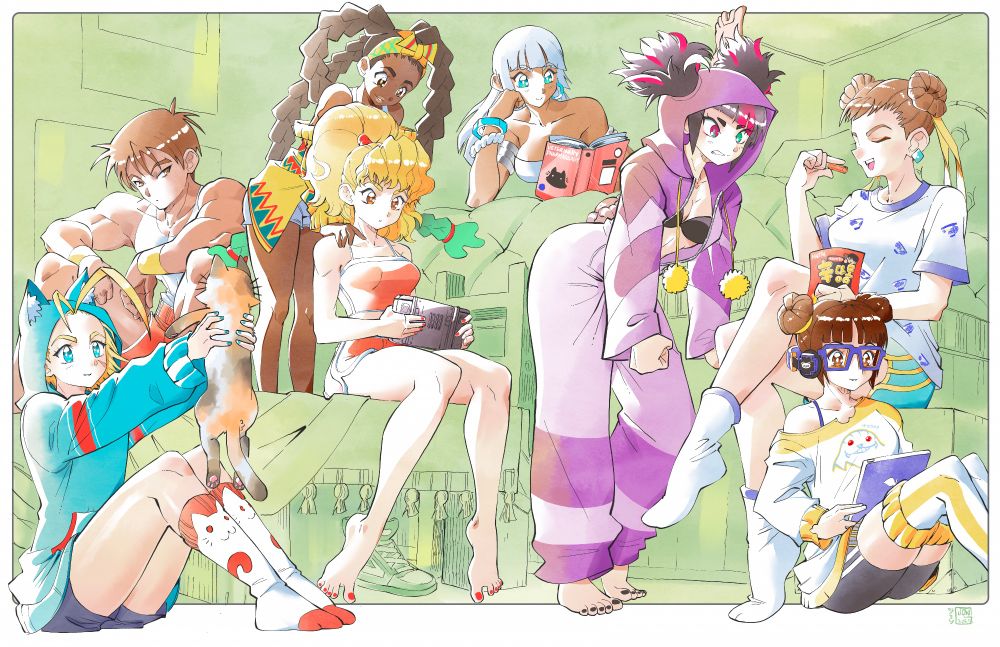 Cammy, Guy, Kimberly, Maki, Elena, Juri, Chun Li, and Li Fen from Capcom's Street Fighter and/or Final Fight franchises pose in a group shot wearing pajamas. 