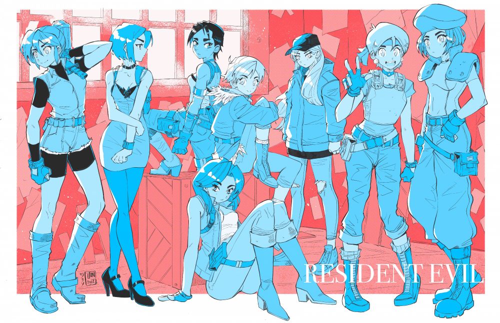 From left to right - Claire, Ada, Shiva, Elena, Sherry, Rose, Becky, and Jill all pose together from Capcom's Resident Evil franchise. 