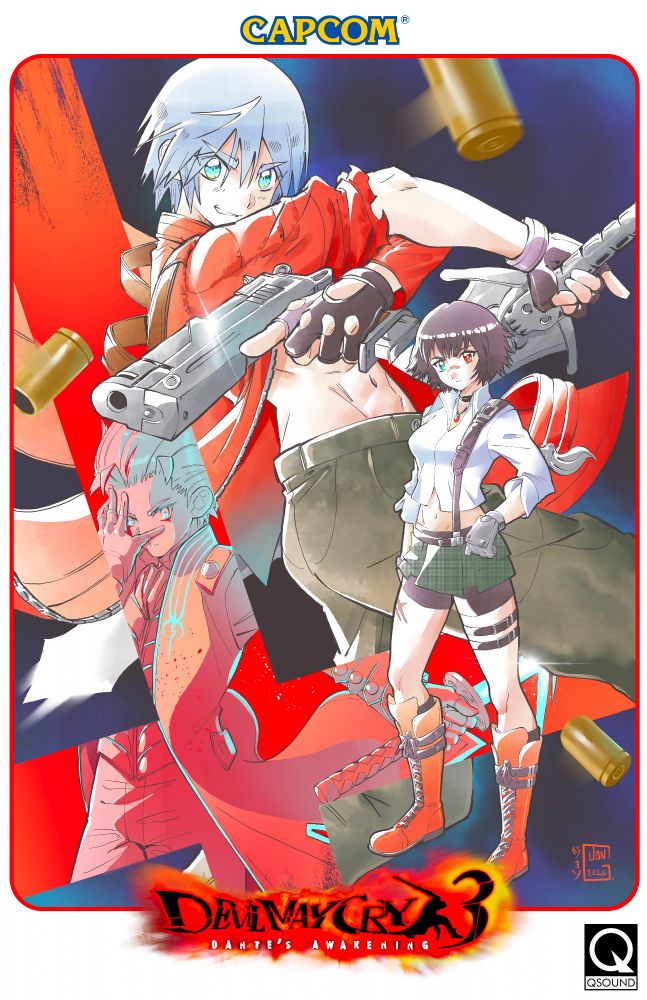 Dante, Vergil, and Lady pose in a poster advertising Capcom's Devil May Cry 3 done in the style of classic Capcom Arcade Flyers. 