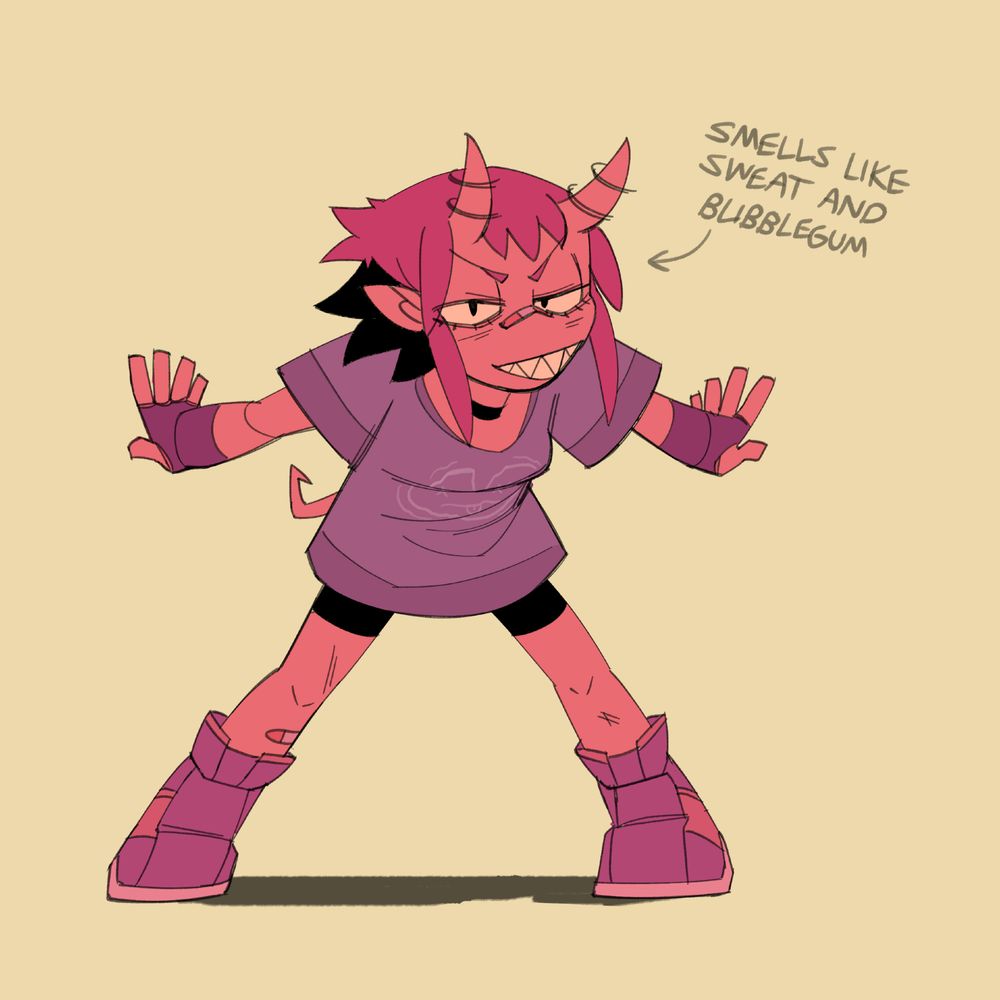 A doodle of Nik in a goofy stance with their arms and legs spread out. A caption pointing at them reads "Smells like sweat and bubblegum".