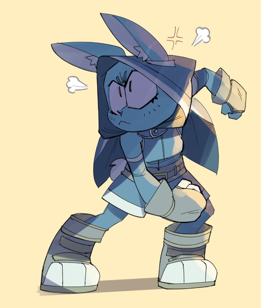A shaded sketch of Scarlett looking comically angry, with a wound-up pose and an indignant expression on her face, in addition to little steam puffs around her head.
