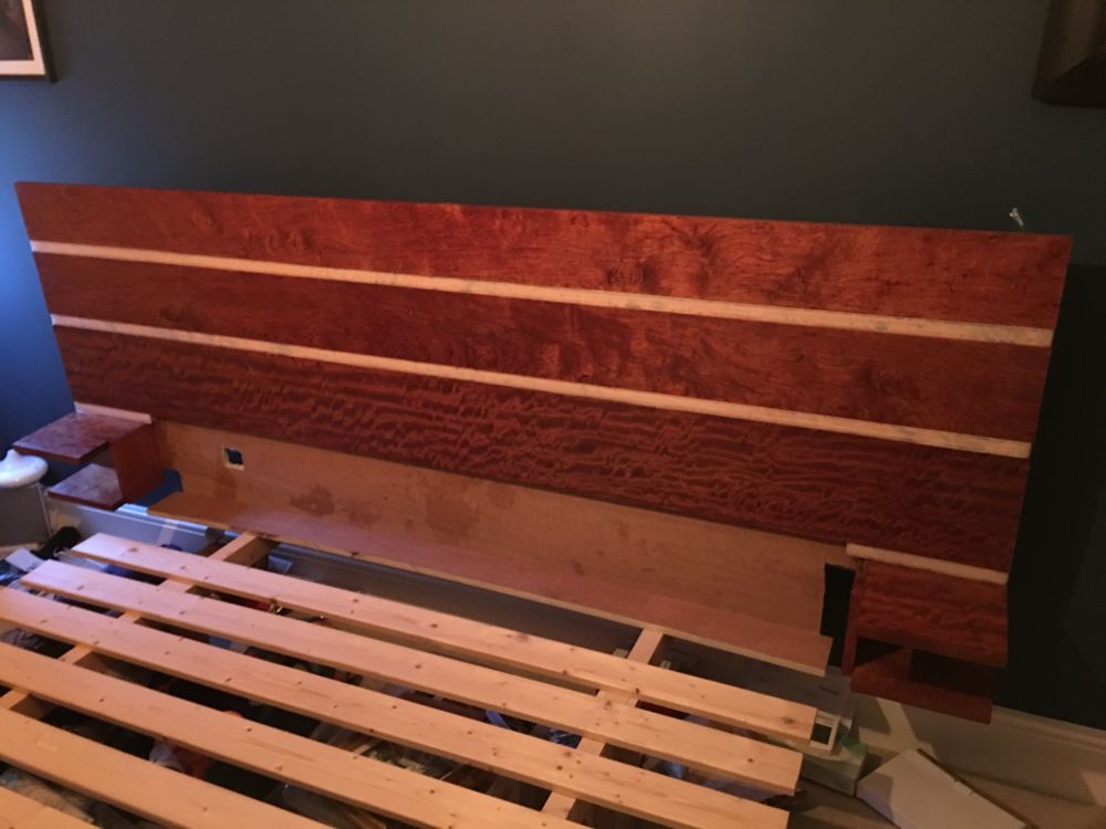 Bubinga burl and brass king size head board