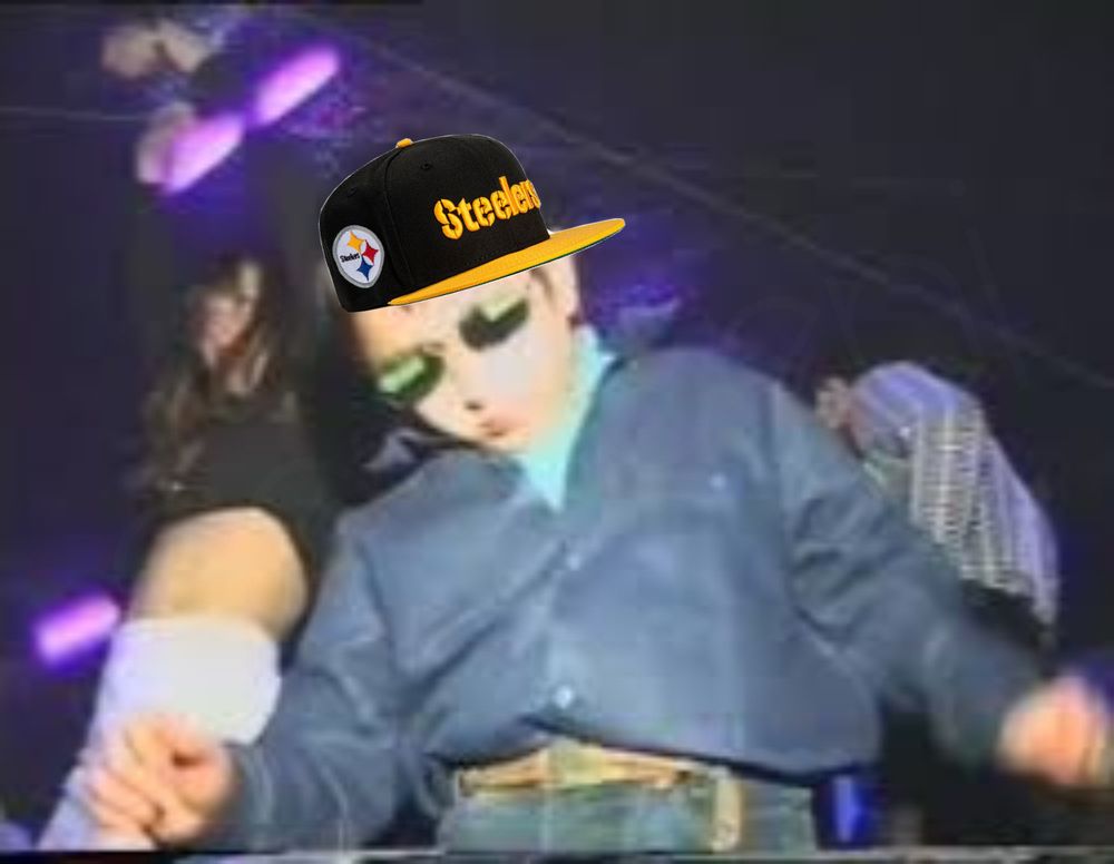 Meme of the “kid at the club” screenshotted to show him dancing in a blue windbreaker. There’s a Steelers hat photoshopped on his head 