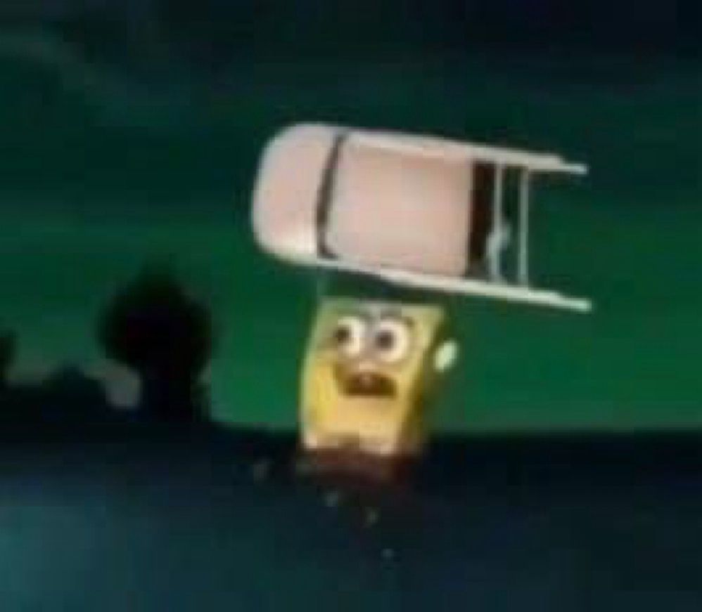 SpongeBob running with a steel chair above his head