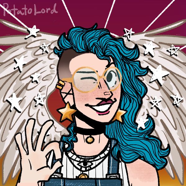 my picrew of a nongendered individual winking at the viewer, holding up an 'okay' sign with their right hand. they have long blue hair and a side shave. they're wearing multiple different pieces of jewelry, including big, gold star earrings. they're wearing a pair of round, gold glasses. a pair of angel wings stretch out from their back. a bunch of little, cute star effects frame their face