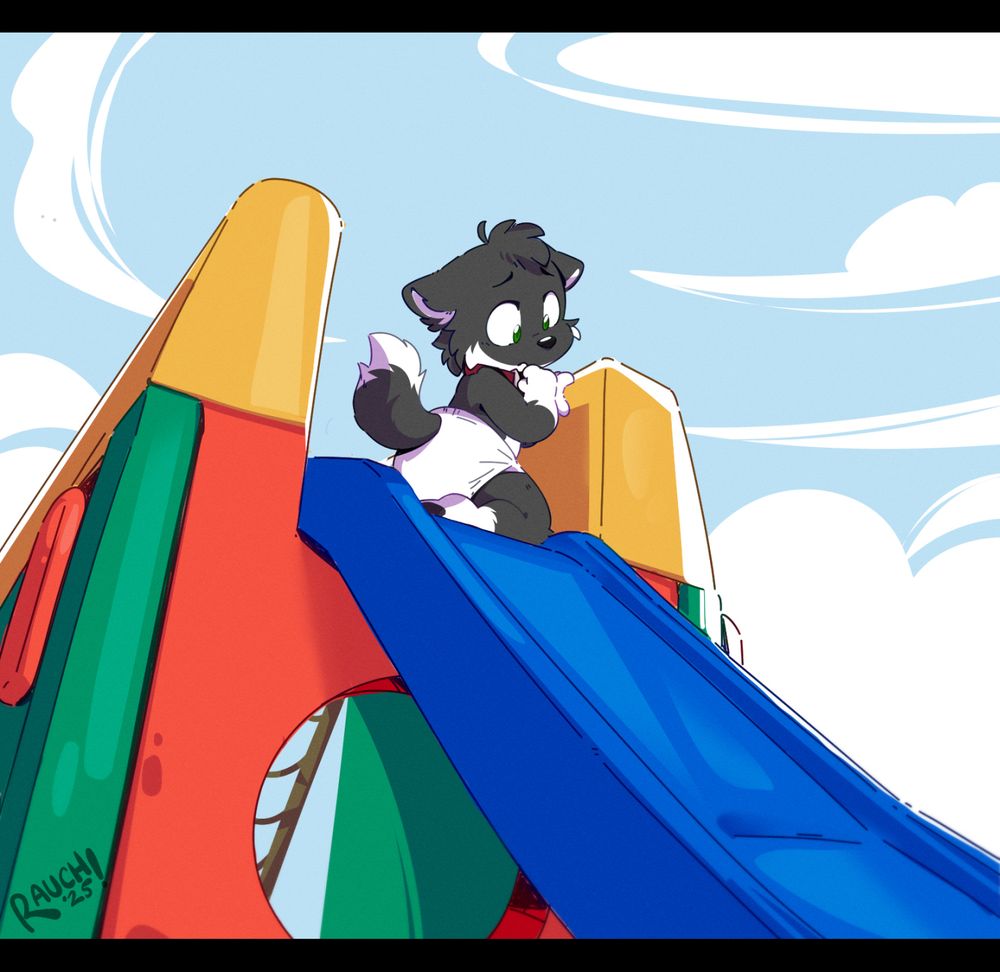 An image depicting a young fox kit on a slide. He's wearing a red collar and a diaper and is eyeingdown the slide with a scared look on his face.