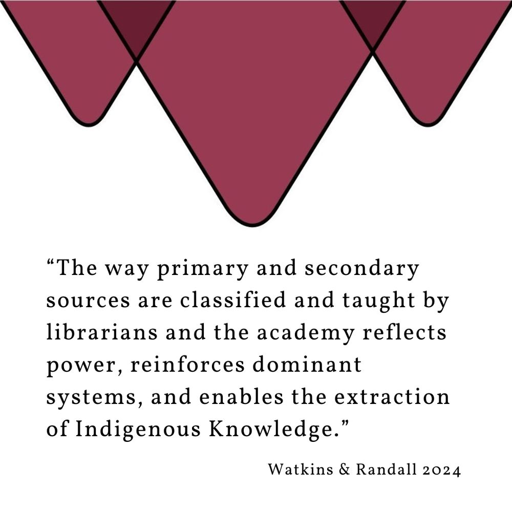 “The way primary and secondary sources are classified and taught by librarians and the academy reflects power, reinforces dominant systems, and enables the extraction of Indigenous Knowledge.”  Watkins & Randall 2024