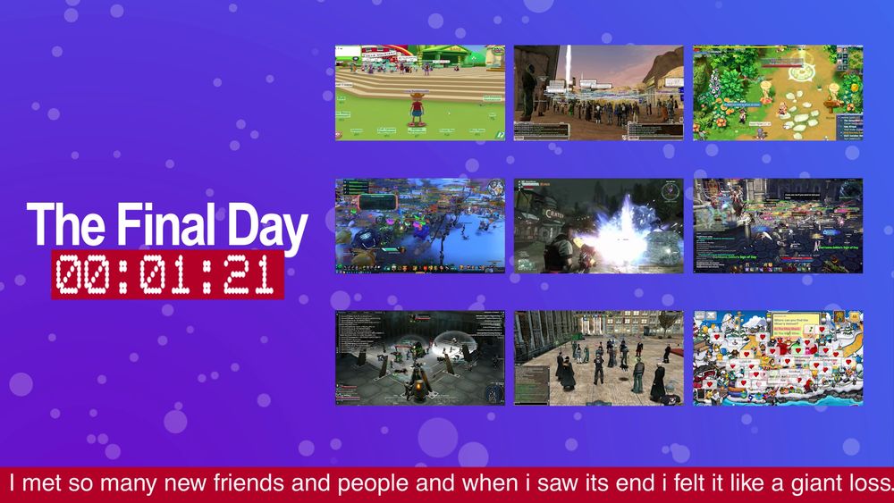 A grid of footage from MMORPGs is presented next to a countdown timer. Beneath the grid is a TV news-style ticker.