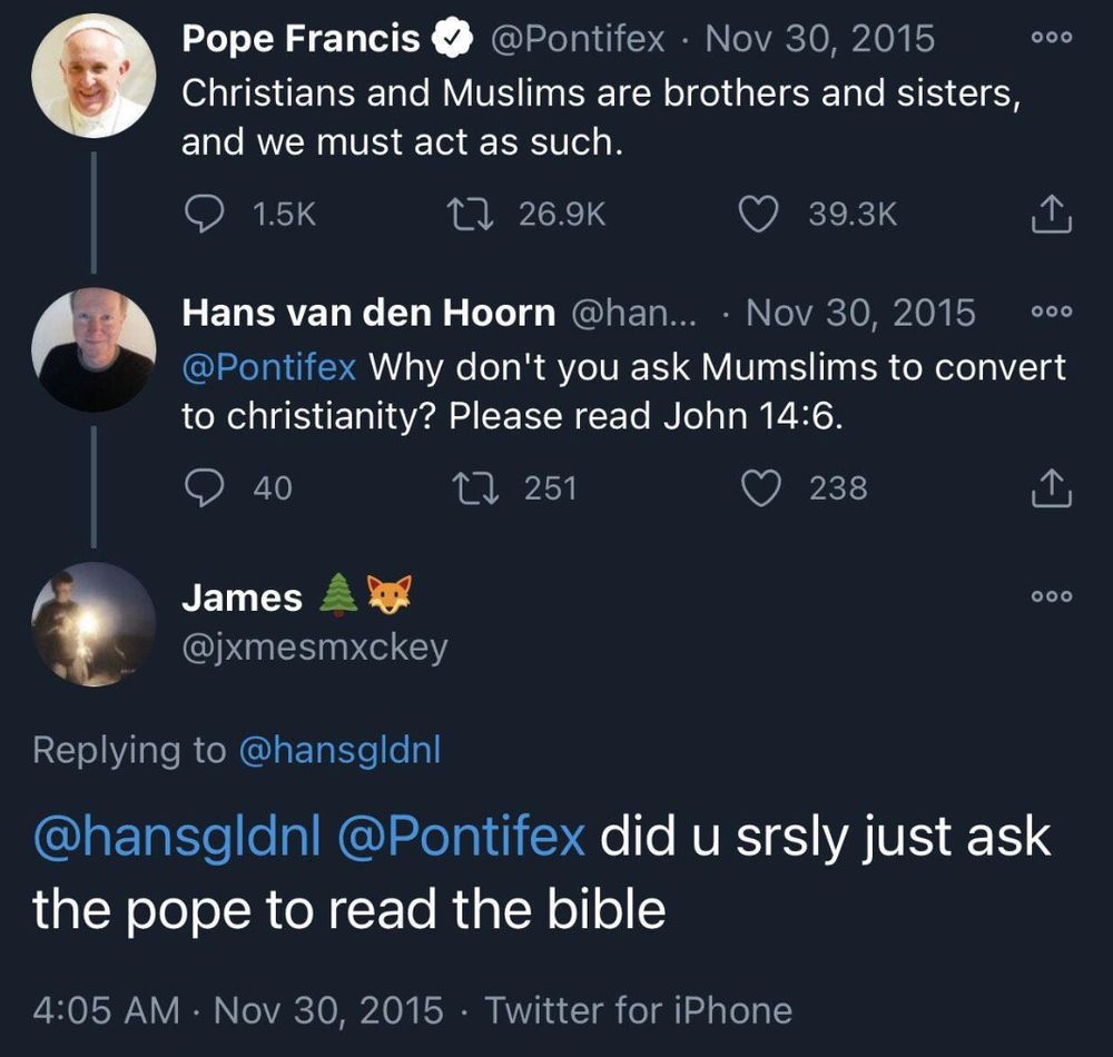O Papa Francisco escreve: "Cristãos e muçulmanos são irmãos e irmãs, e devemos atuar como tais".

Hans van sem Hoorn responde: "Porque você não pede aos muçulmanos para se converter ao cristianismo? Por favor leia João capítulo 14, versículo 6"

James responde: "Você realmente acabou de pedir ao Papa para ler a Bíblia?"