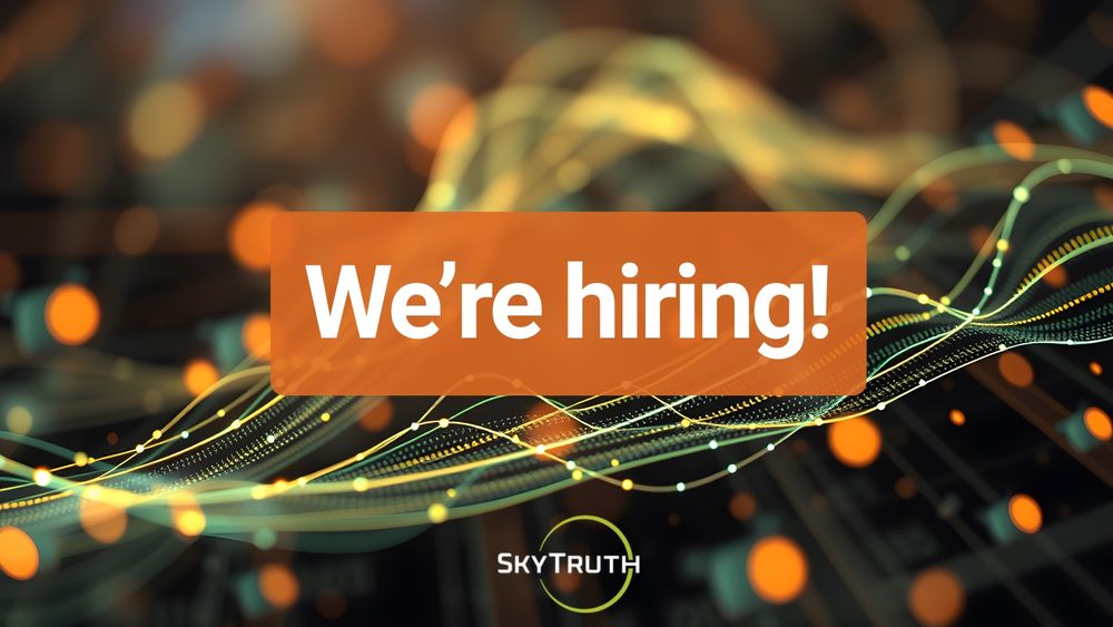Graphic tile with an abstract data visualization background featuring a combination of lines and dots in teal, orange, and yellow-green over a dark background. An orange banner sits in the middle with white text reading "We're hiring!" with the SkyTruth logo centered at the bottom beneath.

