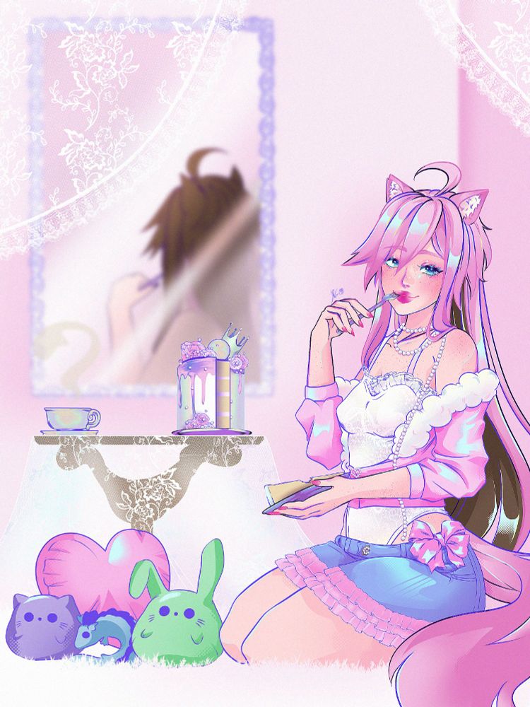 art of miss isakitty eating cake and having tea with plushies of my wives: cecekitty, vicbun, and nekolizard. <3