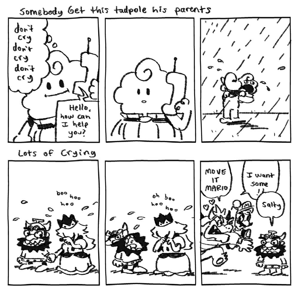 Two comics are present - Mallow struggles to make a phone call causing a rainstorm, and Booster drinks Peach’s tears like he does in-game and Mario and Bowser want some too.