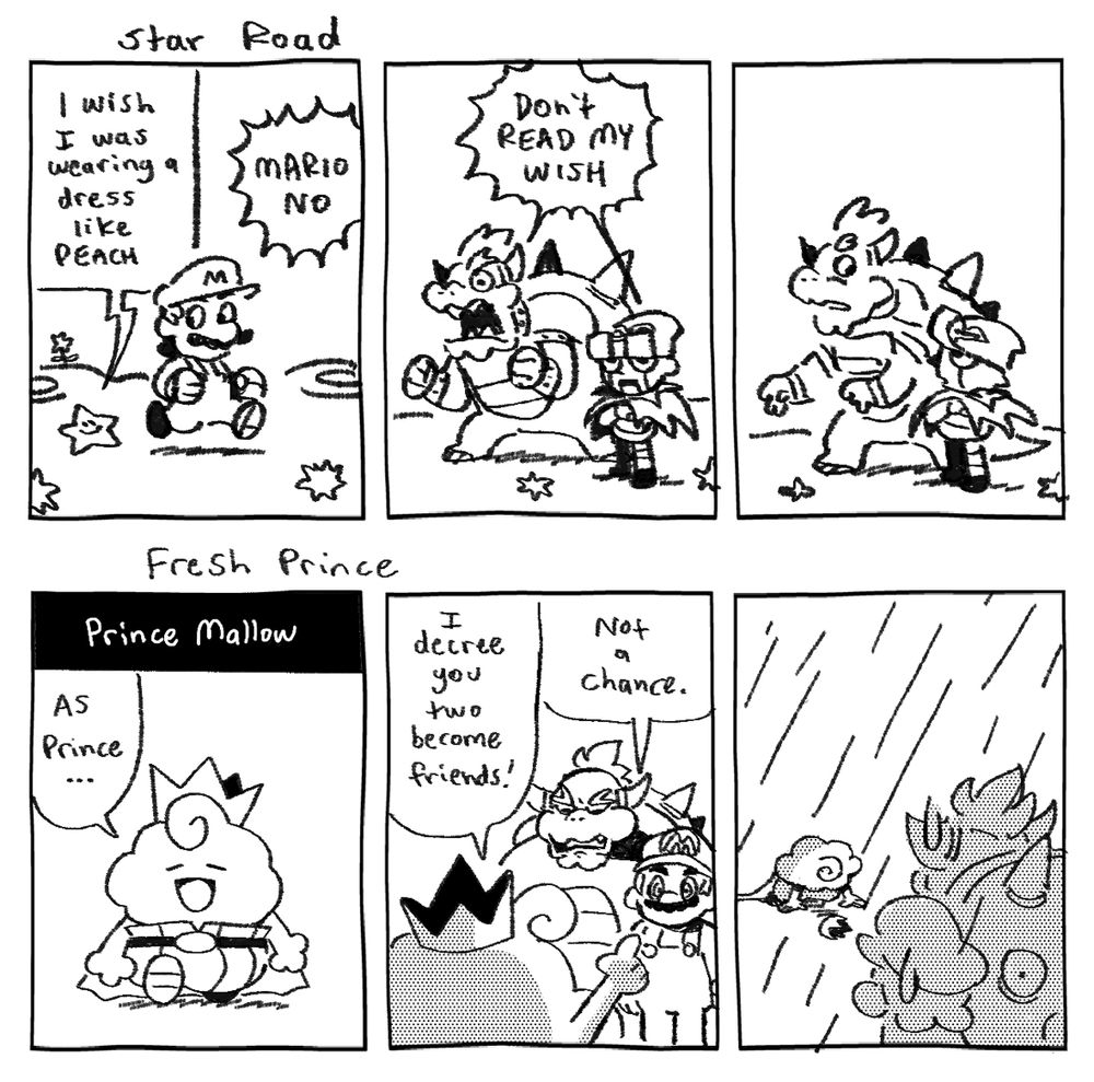 Two comics are present - Bowser and Geno are insecure about wearing a dress, and Mallow tries to use his royalty to get Mario and Bowser to be friends. It doesn’t work 