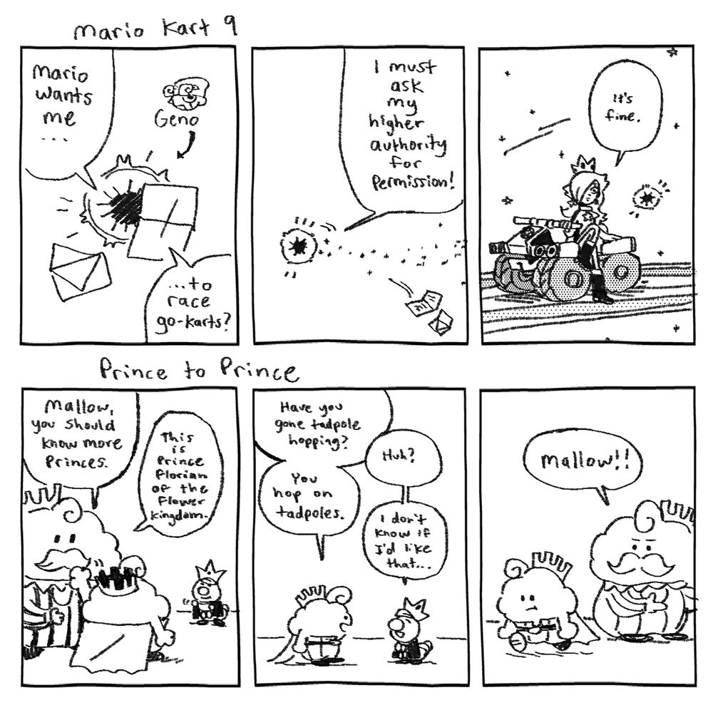 Two comics are preset - Geno reveals that his ‘higher power’ is Rosalina, and Mallow and Mario Wonder’s Prince Florian don’t get along. 