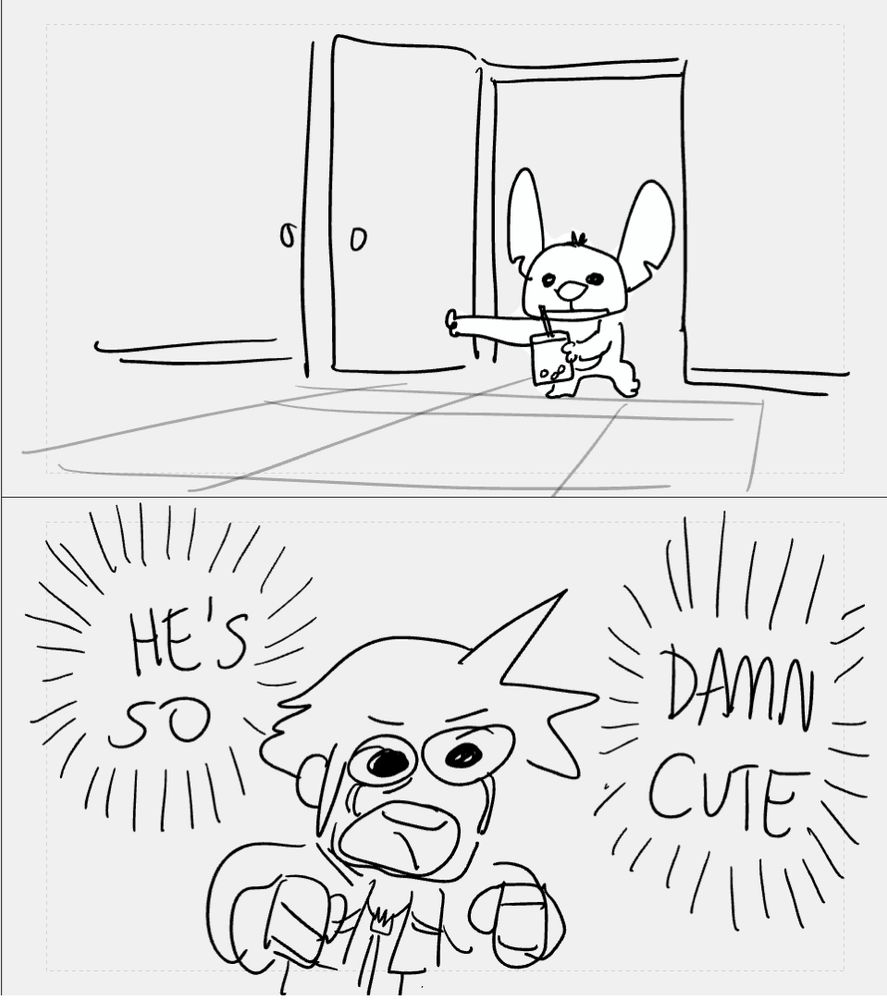 Stitch walks in holding boba, to Sora’s delight. “HE’S SO DAMN CUTE”