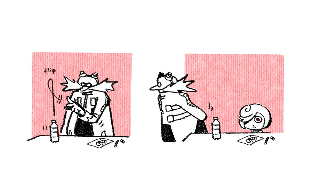 Eggman flips the water bottle effortlessly, shocking the impressionable Sage.