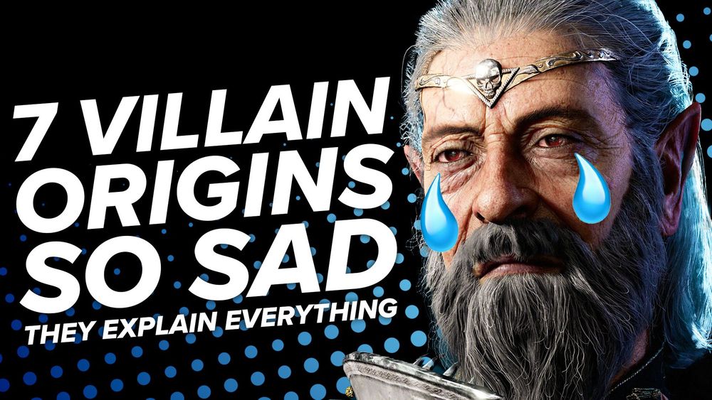 text reads "7 Villain origins so sad they explain everything", next to an image of a sad grey-bearded half-elf dressed in armour and shedding emoji tears. This is Ketheric Thorm from Baldur's Gate 3, and he also has red eyes and a circler emblazoned with a skull.