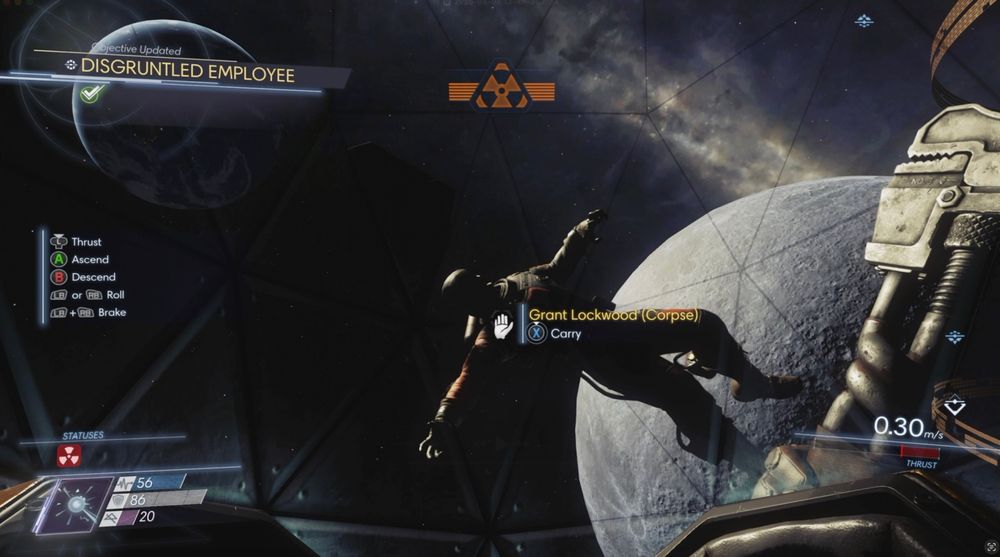 A screenshot from the 2017 video game Prey. A dead man in a spacesuit, labelled "Grant Lockwood (Corpse)" floats in space with the moon and Earth in the background