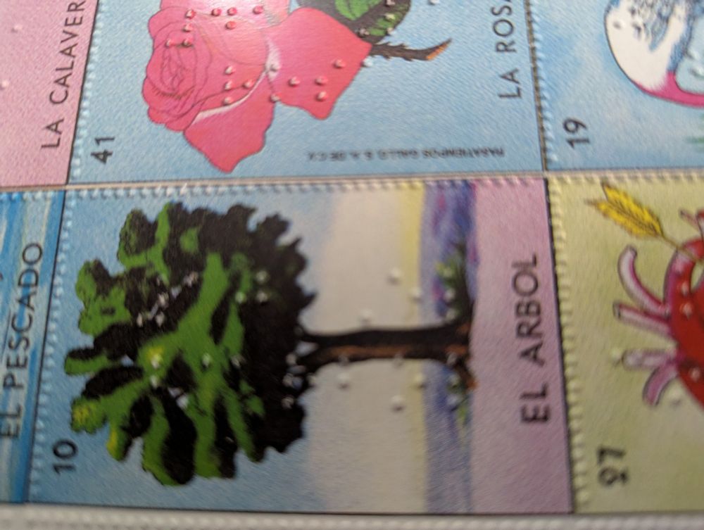 A close up of the boards and the braille. The braille is oriented at a 90 angel from the printed text because some of those words are long