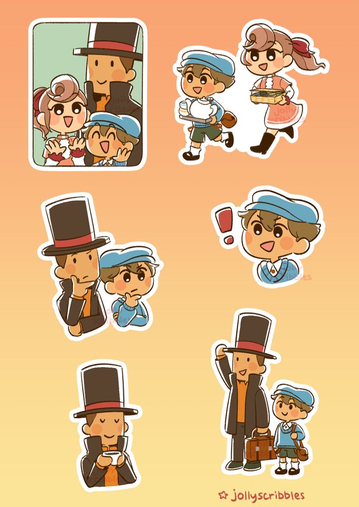 Multiple drawings of Professor Layton, Luke, and Flora. One has Luke and Flora running with tea supplies.