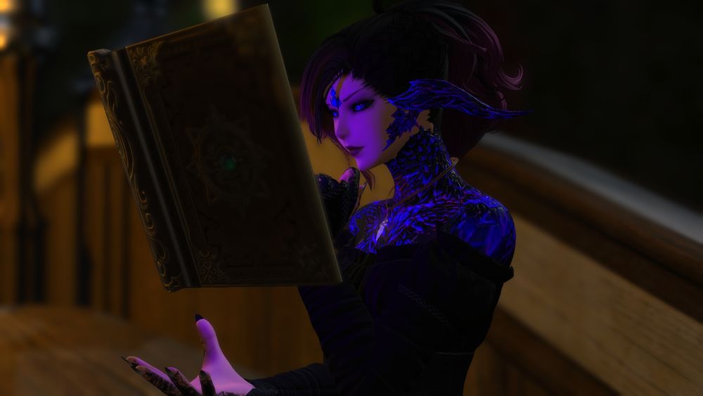 Zara is sat, deep in concentration, focused on the book that is floating in front of her face casting a faint purple glow. The book is floating above her open palm that is facing skyward due to Zara's magic. It is night time with the glow of the moon behind Zara and the warm light of lights nearby