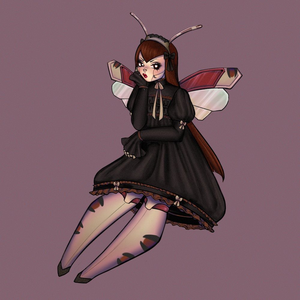 Fullbody art piece by the artist Ray @strawberryslug.bsky.social of the character Sadbot. Sadbot is an android stinkbug. In this piece they are sitting with one arm crossed and their head is resting in their other hand. They are wearing a grumpy/pouting expression and look bored. Sadbot is wearing a gothic lolita style dress and has long brown hair with a v-shaped bang. Their legs are robotic and have stinkbug/insect markings. They have metallic bug wings and long stinkbug antenna. 