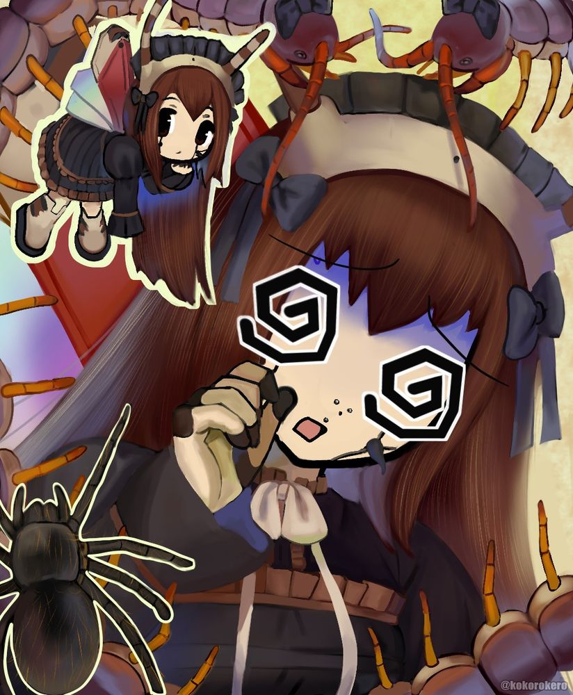A rendered headshot of the character Sadbot. Sadbot is an android stinkbug. They look confused and have a dazed expression, with large swirls for eyes. The border of the piece is a centipede in the shape of a heart. There is a realistic tarantula in the lower left corner, and a chibi version of Sadbot flies around the upper left corner like a little bug. 