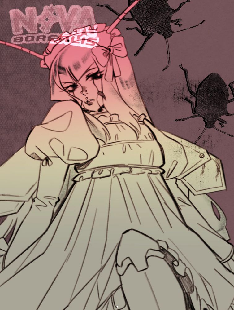 Sketch style drawing of a character named Sadbot. They are stinkbug inspired android wearing gothic lolita fashion. 