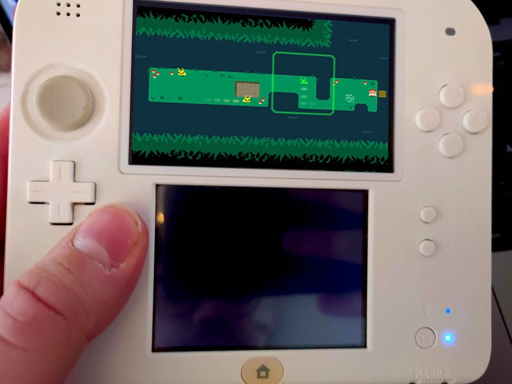 A modded 2ds showing the Gameboy advance game "Fungus Forest" on its top screen.