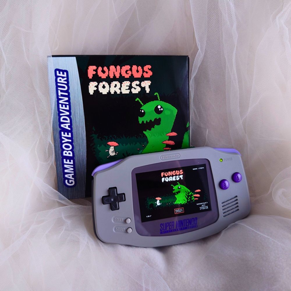 A boxed cartridge of fungus forest next to a modded gba