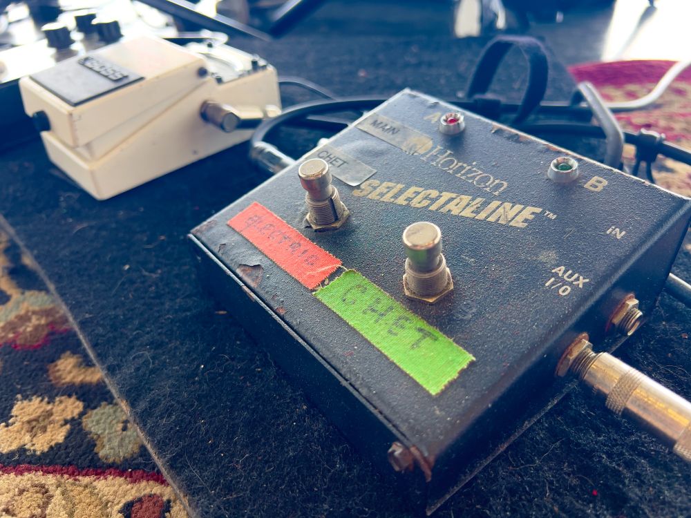 Up close view of two guitar pedals