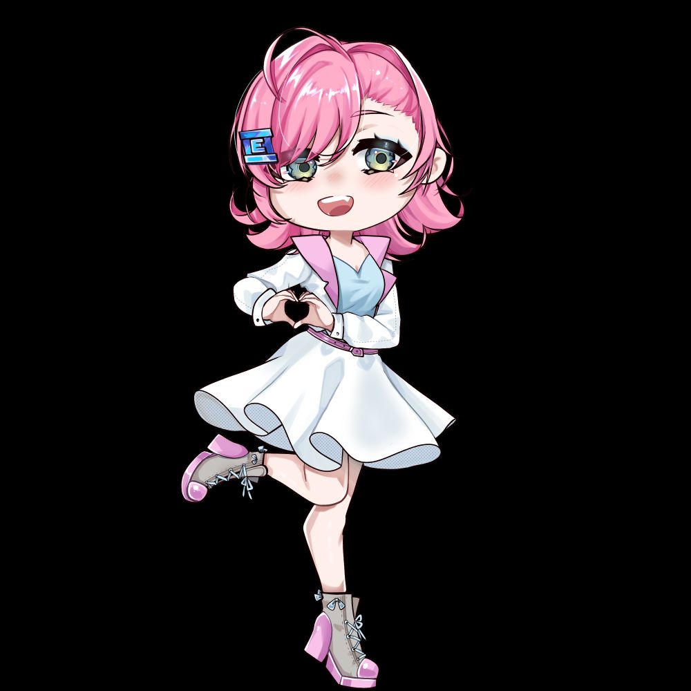 A smiling girl with pink hair standing on one leg, other leg in the air. Hands making a heart.