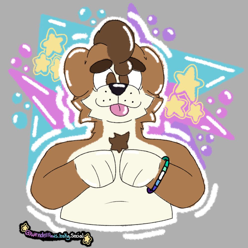 A drawing of danny my jack russel terrier sona (aka me) sticking their tongue out and posed like a “cat pose” also having the mlm pride flag as a bracelet on their left wrist! The background is a splash of pink, blue and purple shapes with some stars too!