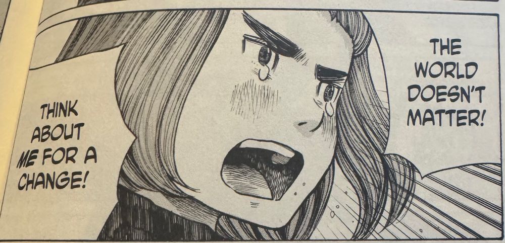 Panel from Inio Asano’s “Dead Dead Demon’s De De De De Destruction.” Kiho is telling her bf/new ex, “The world doesn’t matter! Think about *me* for a change!”