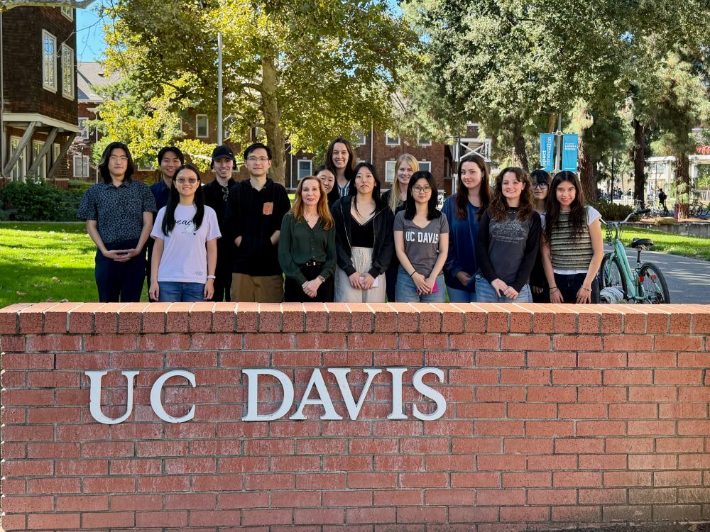About 15 members of Fernanda Ferreira's lab--undergraduates, graduate students, and postdocs--posing in front of the iconic UC Davis sign on campus. 