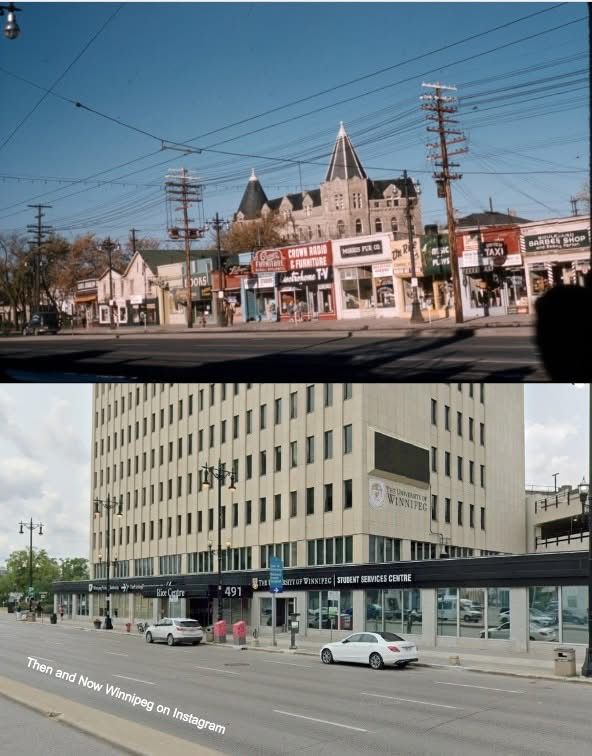 Two photos of the area around the University of Winnipeg. The one above shows the area in 1957. There’s an old, beautiful building, the original university (then called United College), and at street level is a string of small businesses that can be accessed by foot. The photo below shows a modern building towering over a lower modern building. All the cute shops are gone.