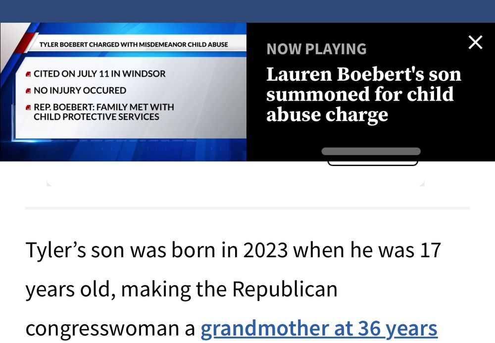 A headline about Lauren Boebert’s son Tyler that says “Tyler’s son was born in 2023 when he was 17 years old…”