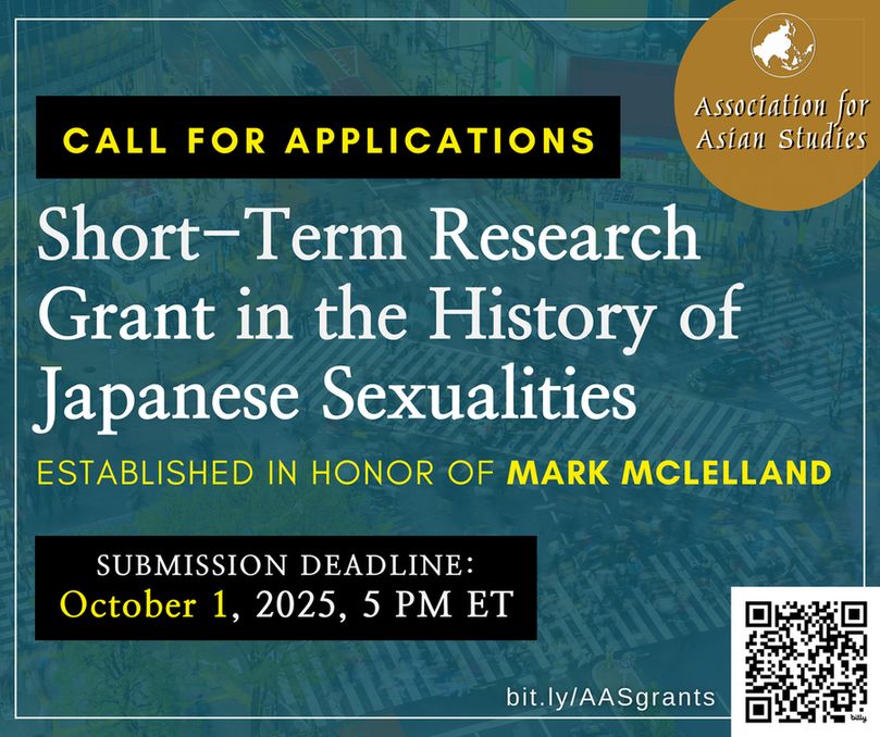 Call for applications for a short-term research grant on the history of Japanese sexualities, honoring Mark McLelland, deadline October 1, 2025.