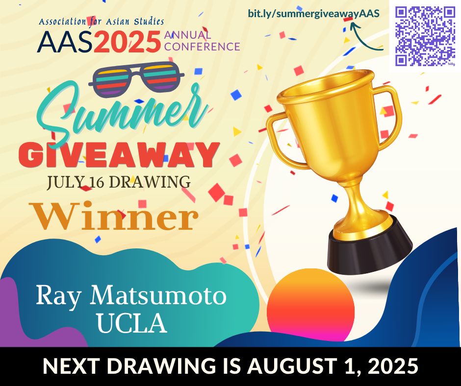 Colorful announcement for AAS 2025 Annual Conference summer giveaway winner Ray Matsumoto from UCLA with a gold trophy and confetti.