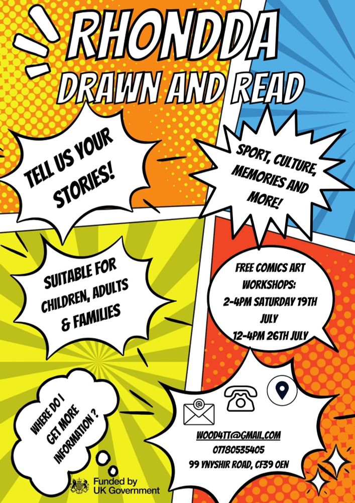 Poster in a cartoon panel style for workshops for Rhondda Drawn and Read. Colourful panels are behind white thought bubbles, exclamations and speech bubbles. 