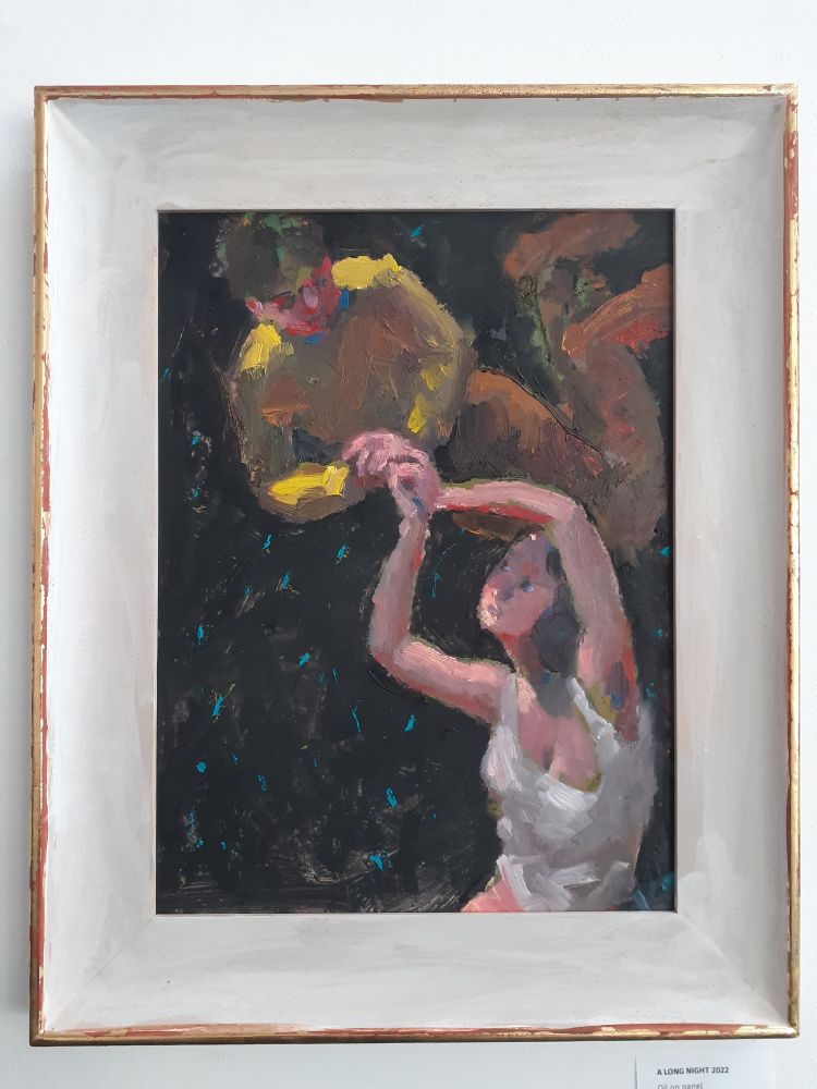 Painting of two figures floating in a black sky with blue flecks. The top figure has a yellow top and mid brown trousers. The figure below is only visible from the waist up and wears a white sleeveless petticoat.